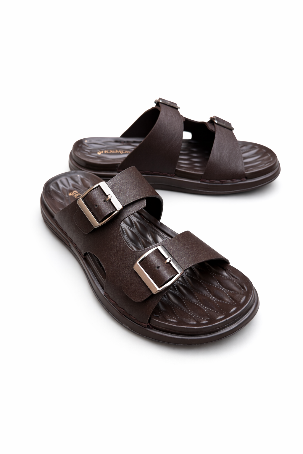 Men’s Double Buckle Slip-On Sandals Dark Brown, Leather-Look Casual Slippers With Cushioned Footbed & Open Toe Comfort Design