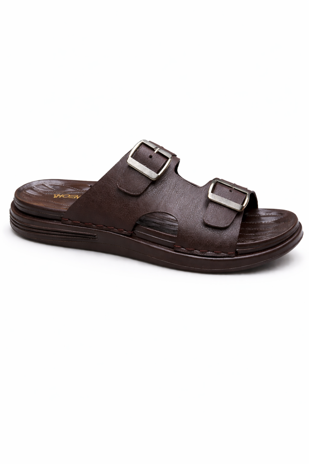 Men’s Double Buckle Slip-On Sandals Dark Brown, Leather-Look Casual Slippers With Cushioned Footbed & Open Toe Comfort Design thumbnail 2